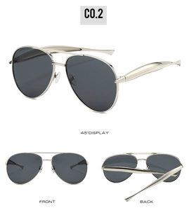Detailed views of aviator sunglasses with silver metal frame and dark grey lenses
