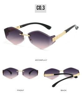 Detailed views of rimless geometric sunglasses with gradient lenses and textured metal temples