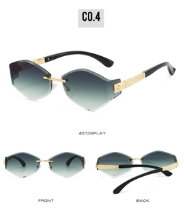 Detailed views of rimless geometric sunglasses with grey-blue gradient lenses and gold hinges