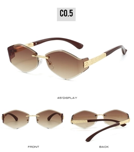 Three-angle view of rimless sunglasses with gradient lenses and textured gold metal temples