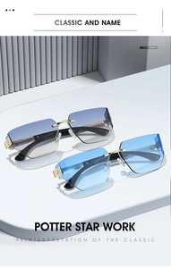 Close-up of rimless square sunglasses featuring gradient lenses and gold engraved metal hinges
