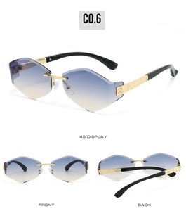 Detailed views of gold metal rimless sunglasses with blue-yellow gradient diamond lenses