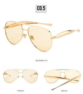 Three-angle view of gold metal aviator sunglasses with yellow translucent lenses