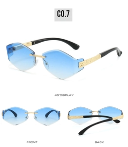 Detailed views of rimless geometric butterfly sunglasses with gold metal accents