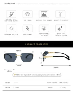 Detailed size chart and technical specifications for frameless rimless sunglasses