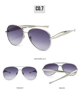 Multiple views of silver aviator sunglasses with purple gradient lenses and metal frame