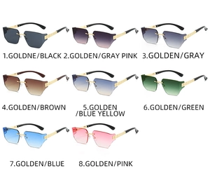 Detail of rimless rectangle sunglasses showing eight gradient color options and gold temples