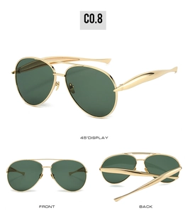 Golden aviator metal sunglasses with dark green lenses in 45-degree, front, and back views