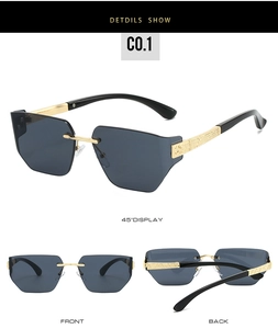 Detailed views of rimless sunglasses with grey geometric lenses and gold metal temples