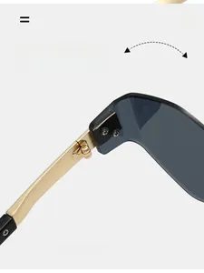 Detail of durable textured metal hinge on oversized frameless curve sunglasses