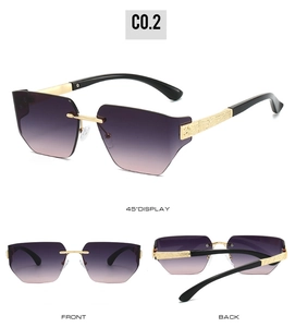 Detail of rimless gradient purple lenses with polygonal cut edges and gold metal bridge