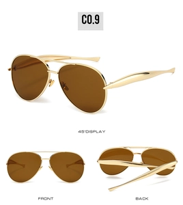 Detailed views of pilot sunglasses with gold metal frames and brown lenses