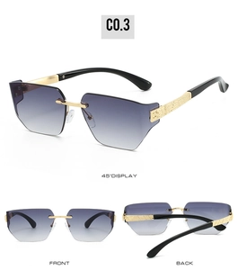 Three-view display of rimless gradient sunglasses with textured gold metal temples