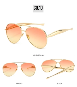 Three views of gold aviator sunglasses with orange gradient lenses from multiple angles
