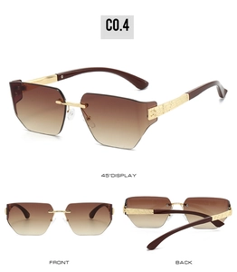 Three-angle view of rimless gradient sunglasses with textured gold metal temples