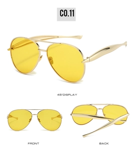Three views of vintage aviator sunglasses with gold metal frame and yellow lenses