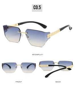 Three-view display of rimless sunglasses with blue-yellow gradient lenses and gold temples