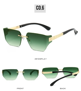 Three-angle view of rimless sunglasses with green gradient lenses and gold engraved temples