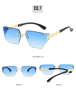 Detailed views of rimless gradient blue sunglasses with engraved gold metal temples