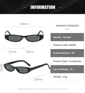 Size chart for retro small frame sunglasses with dimensions and product specifications