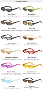 Collection of vintage narrow oval sunglasses showing 12 different color frame options