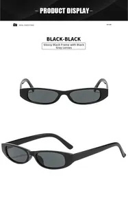 Front and side view of narrow rectangular black sunglasses with dark gray lenses