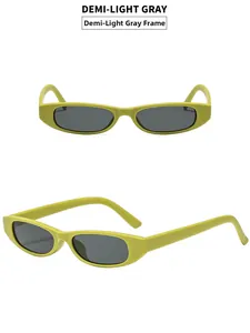 Detail view of oval narrow green frame sunglasses with grey lenses in top and side views