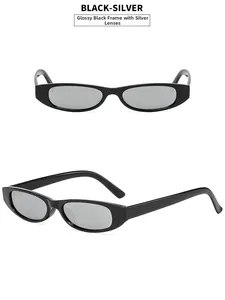 Close-up of retro oval sunglasses with a glossy black frame and silver mercury lenses