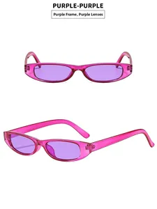 Detail view of purple oval sunglasses featuring purple lenses and retro resin frames