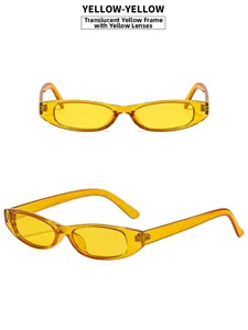 Detail view of transparent yellow oval sunglasses with narrow frame and matching lenses