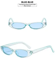 Detail view of oval sunglasses with transparent blue frames and blue tinted lenses