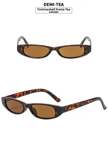 Detail view of tortoiseshell narrow sunglasses frames with stylish tea tinted lenses