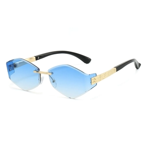 Chic rimless irregular geometric sunglasses with blue gradient lenses and gold metal frames