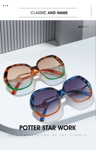 Detail of oversized retro sunglasses with multi-color gradient frames and pearl accents
