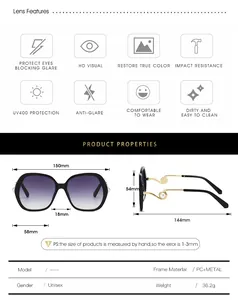 Size chart for unisex polarized sunglasses with gradient lenses and PC-metal frame