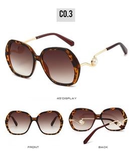 Three views showing tortoise shell sunglasses with gold temples and pearl accents