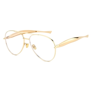 Classic aviator sunglasses with gold metal frame and clear lenses in a 45-degree side view