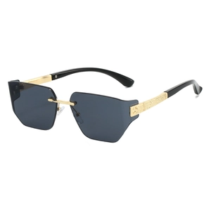 Chic rimless rimless sunglasses with grey geometric cut lenses and gold textured arms