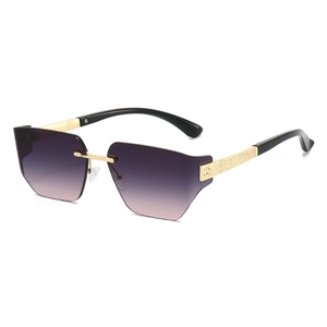 Frameless rimless sunglasses with gradient purple lenses and geometric cut edges