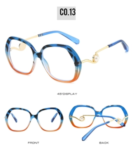 Macro view of blue and orange tortoise frame sunglasses with side pearl embellishments
