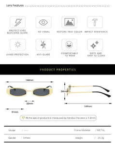 Tableau des tailles détaillé pour lunettes de soleil ovales rétro en métal avec UV400