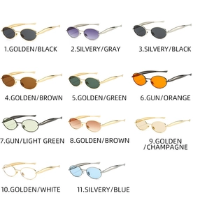 Detailed grid view showcasing 11 color variations of retro oval metal frame sunglasses