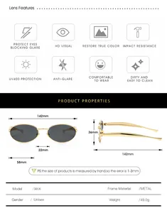 Detailed size chart for oval metal sunglasses with frame dimensions and technical specs