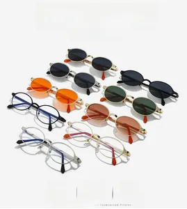 Multiple color options of retro oval metal frame sunglasses with diverse lens tints