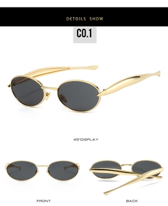 Detailed views of vintage oval sunglasses with gold metal frames and dark lenses