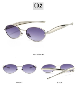 Three perspectives of oval silver metal sunglasses with purple gradient lenses
