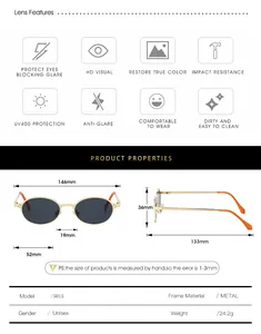 Detailed size chart for retro oval metal sunglasses featuring dimensions and frame material