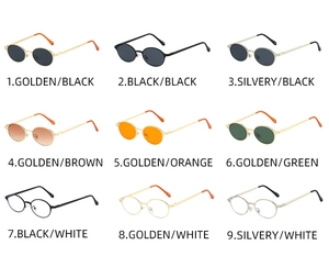 Matrix display of oval sunglasses in 9 color variants with metal frames and UV lenses