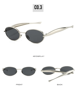 Detail view of oval metal sunglasses showing front, back and 45-degree angle display