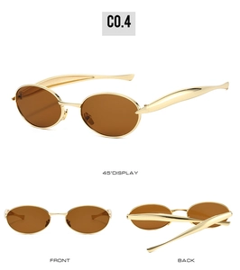 Three-angle view of oval retro sunglasses with gold metal frame and brown lenses